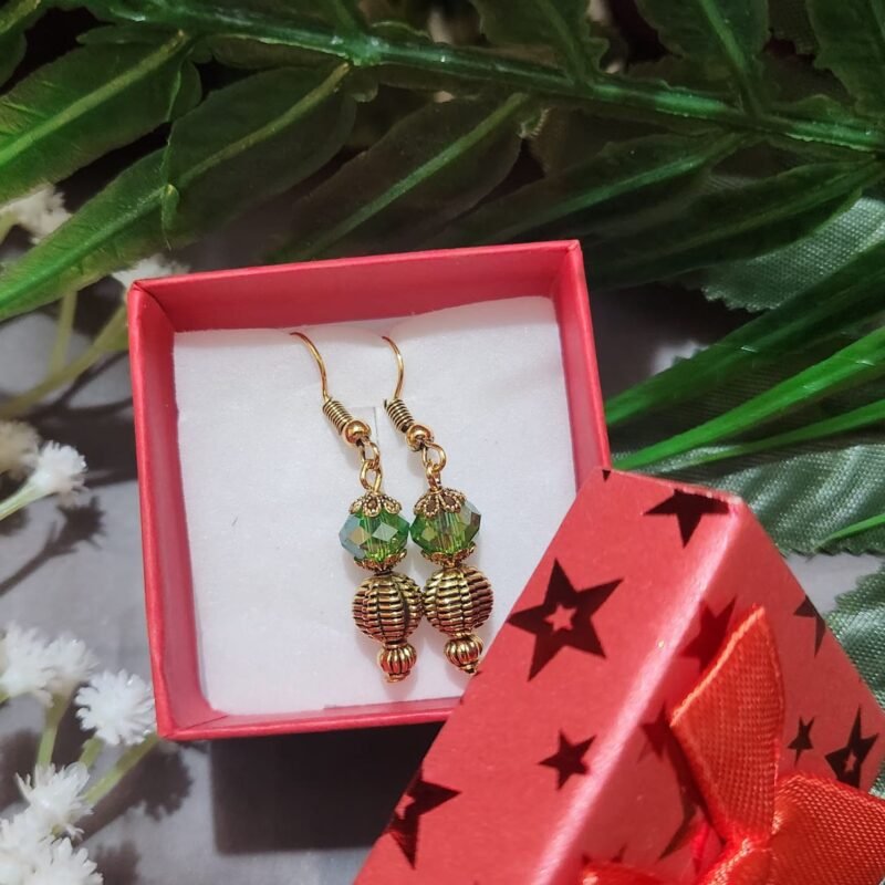 Emerald Crystal & Gold Metal Bead Earrings