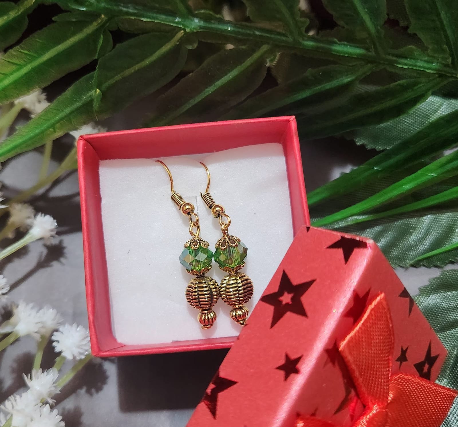 Emerald Crystal & Gold Metal Bead Earrings
